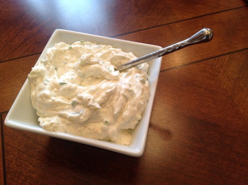 Savory Cream Cheese Spread in a square bowl