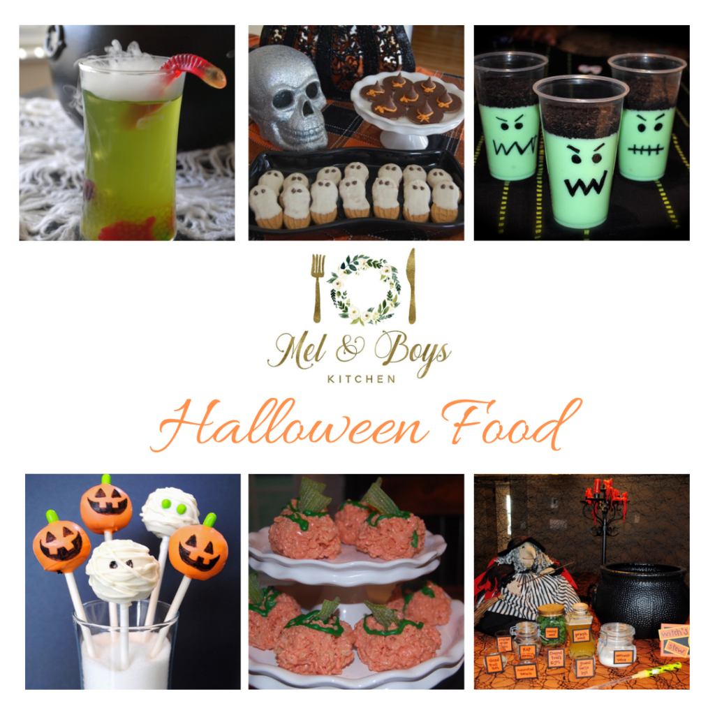 Halloween Food Roundup collage with 6 different recipes featured