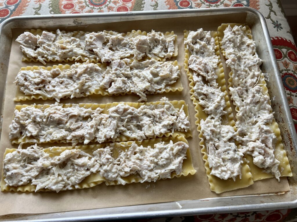 cookie sheet of chicken Alfredo lasagna roll ups before rolling up.