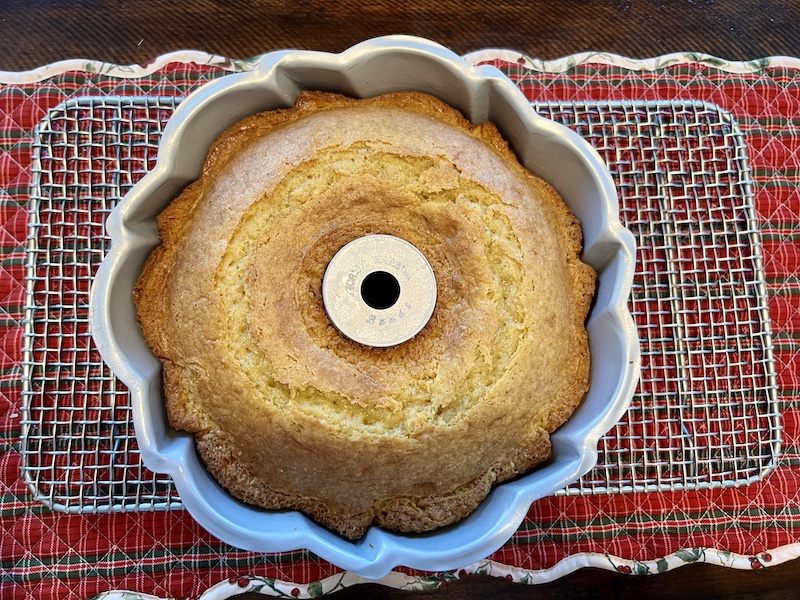 Eggnog Bundt Cake with Browned Butter Glaze in the pan straight from the oven