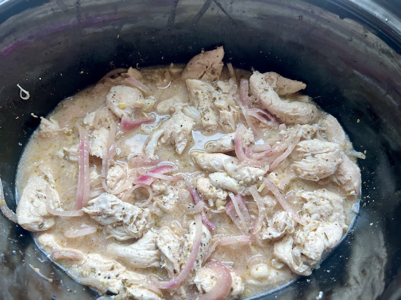 fully cooked slow cooker (or instant pot) Greek chicken
