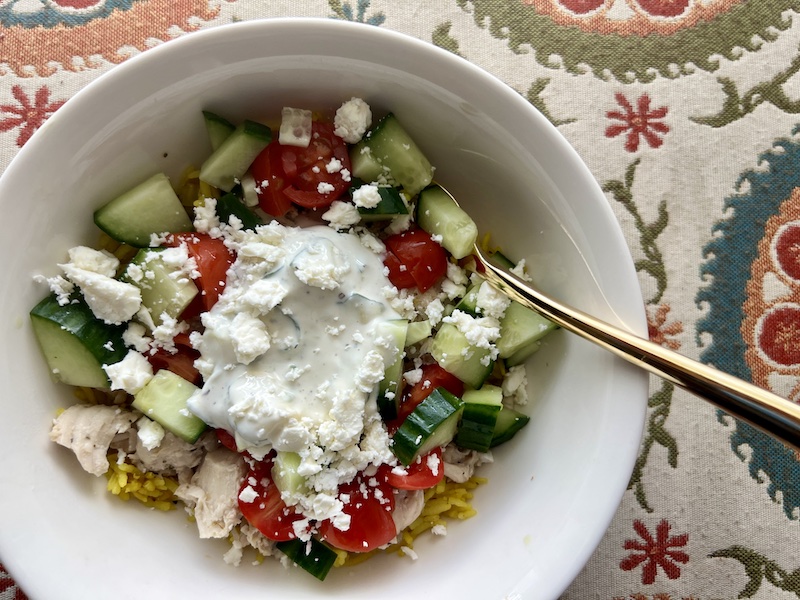 Mediterranean bowl with Slow Cooker (or Instant pot) Greek Chicken